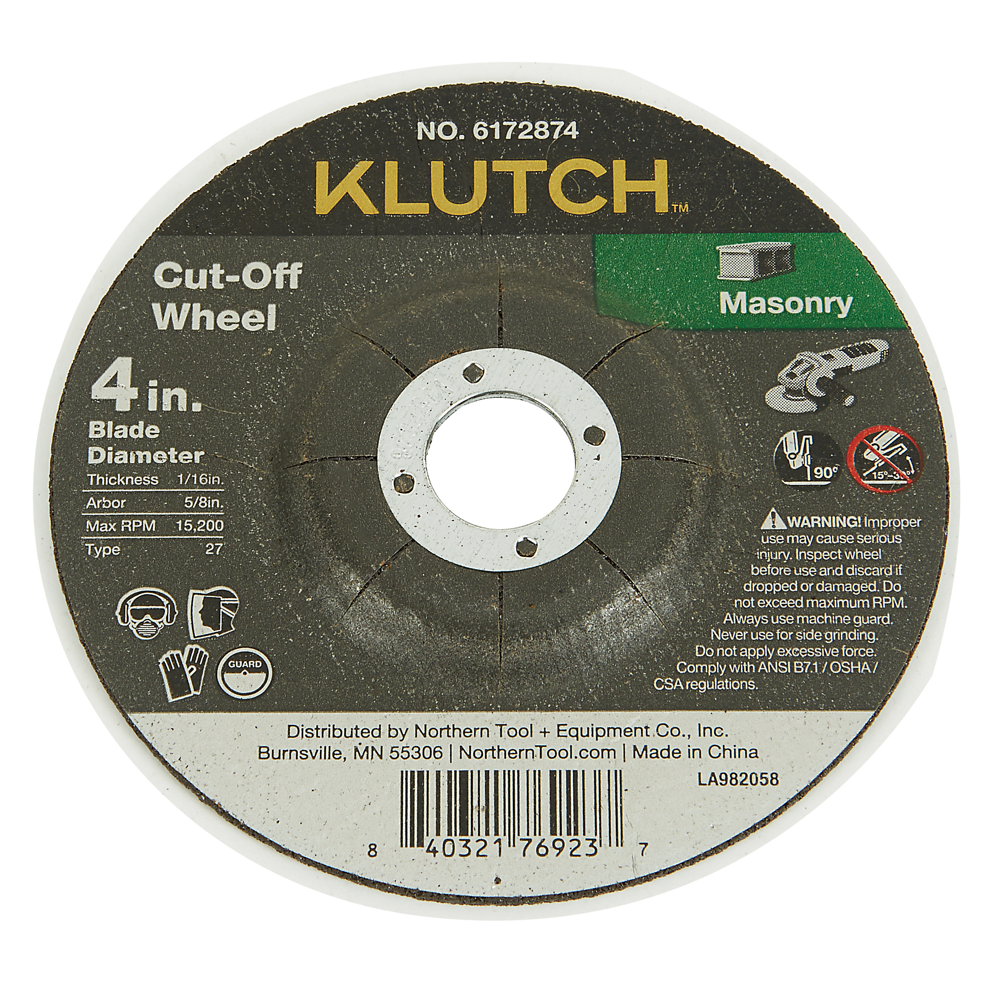 Klutch Masonry Cutoff Wheel, 4in. x 1/16in. x 5/8in., Type 27